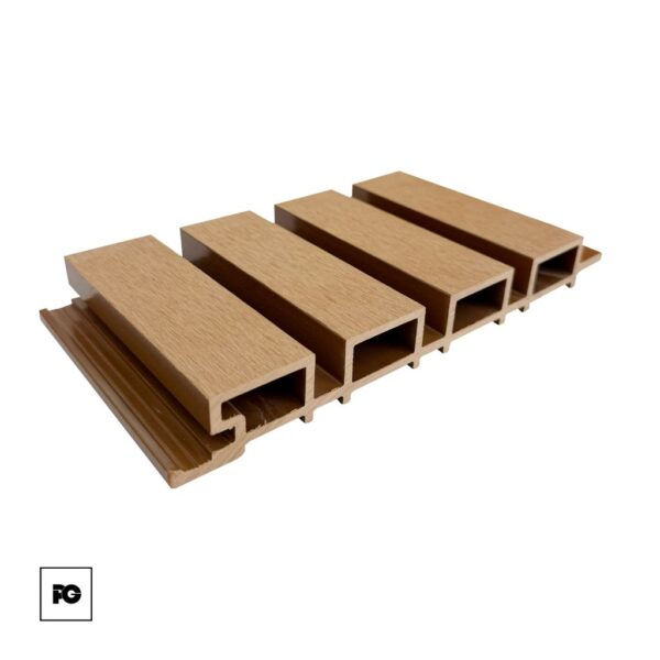 Five brown hollow rectangular decking planks with a wood-grain finish, arranged diagonally across the image.